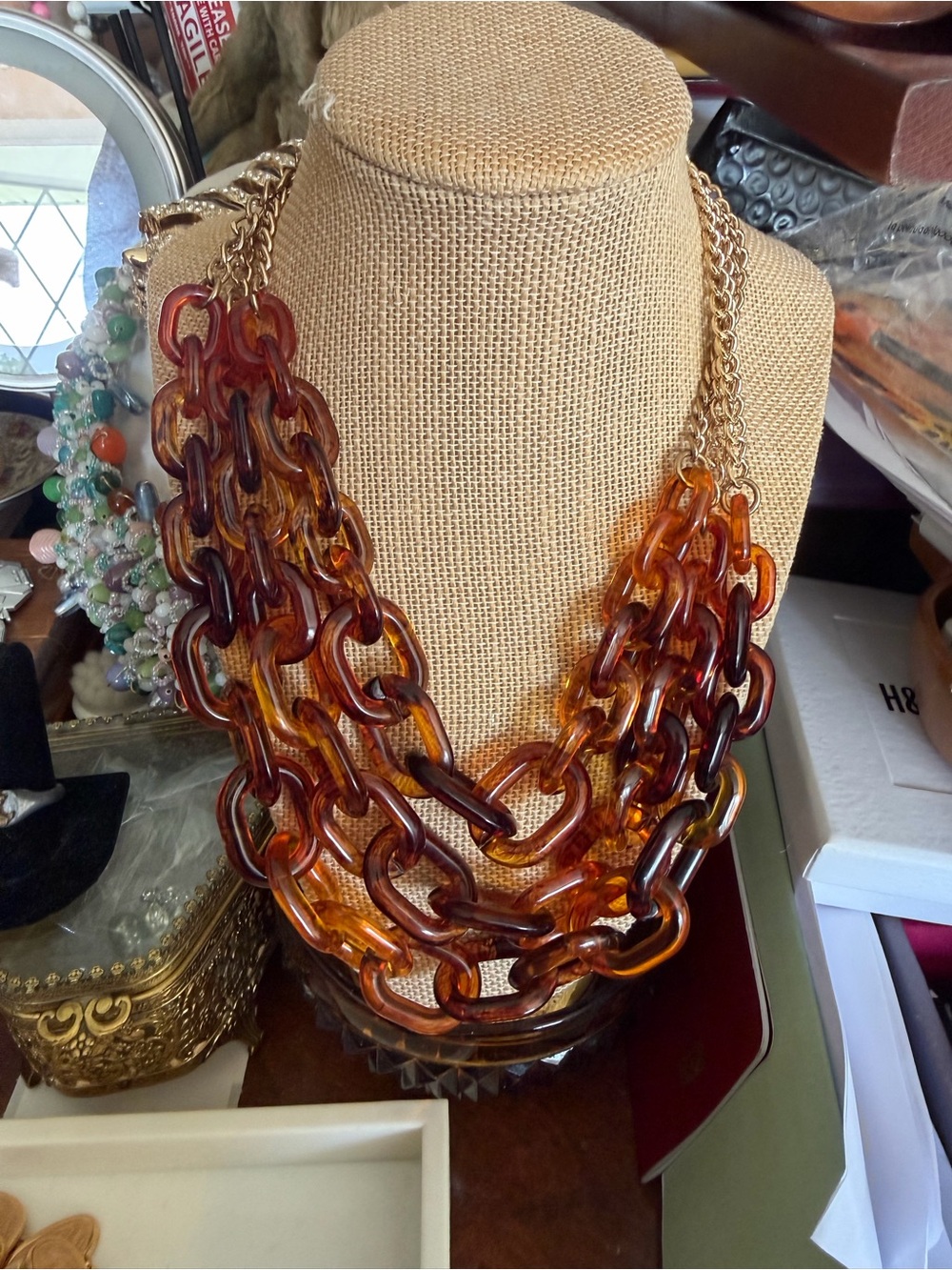 Gold-Tone Chain W/Tortoiseshell Multi-Strand Acrylic Statement  Necklace